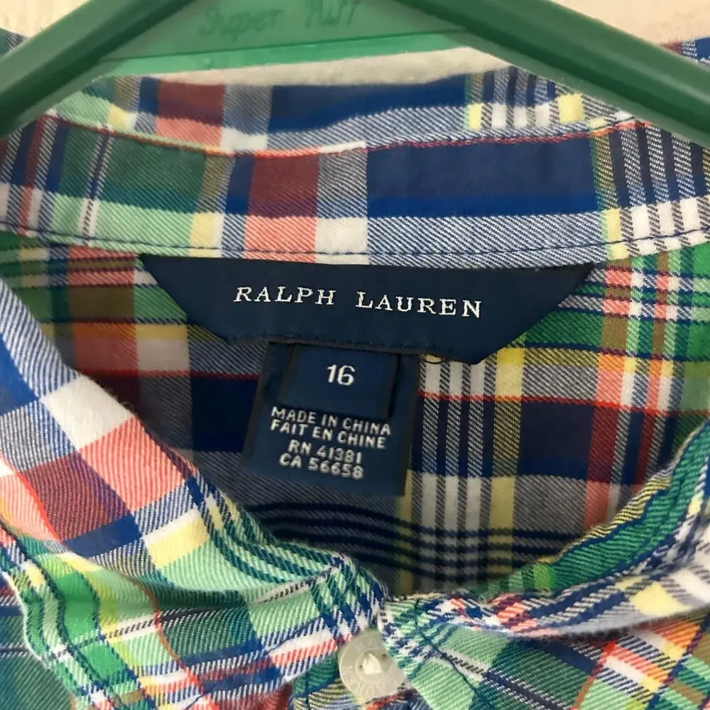 Ralph Lauren Plaid Ruffle Front Button up Shirt girls 16 Preppy Tartan western
